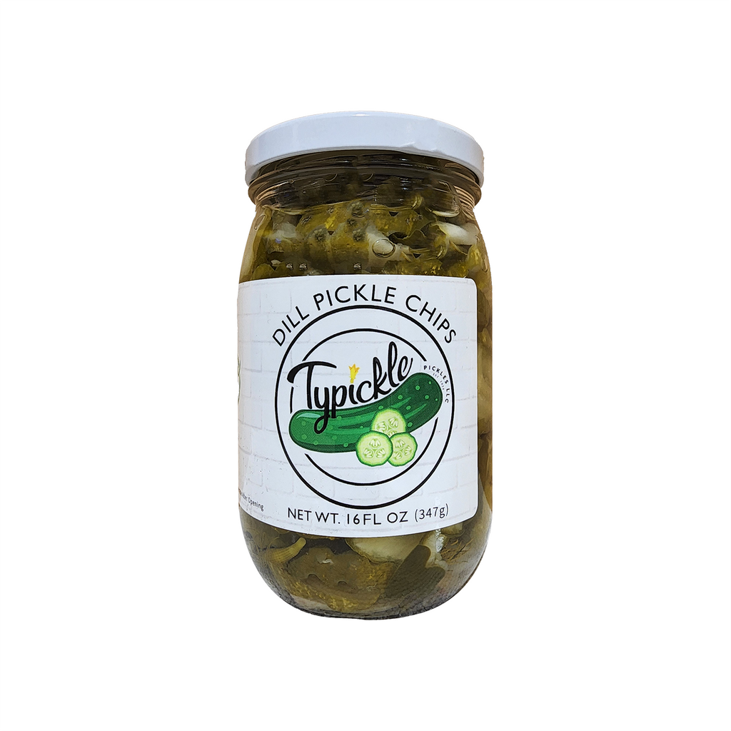 a jar of pickle chips on a white background typickle